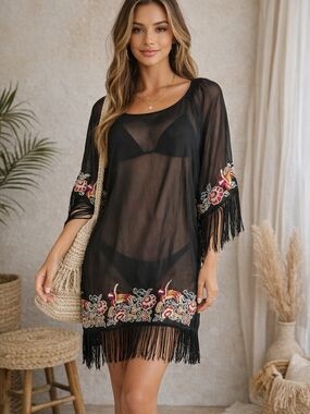 Umgee Black Sheer Embroidered Fringe Swim Coverup Umgee Size M
